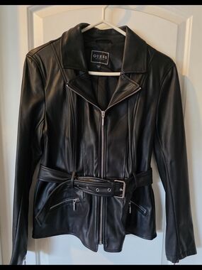 GUESS Women's Black Leather Zip Belted Jacket